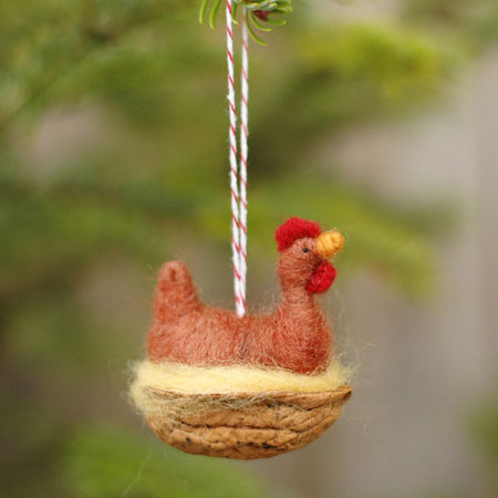 Red Chicken in a Walnut Christmas Ornament