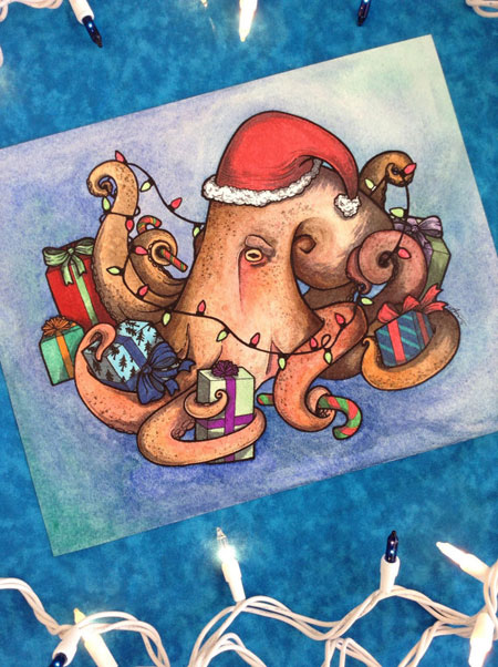 Gift Giving Holiday Octopus Watercolour Painting