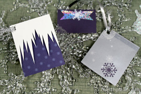 For wintery tags, cut icicles, add a layer of vellum, or use silver ribbon.